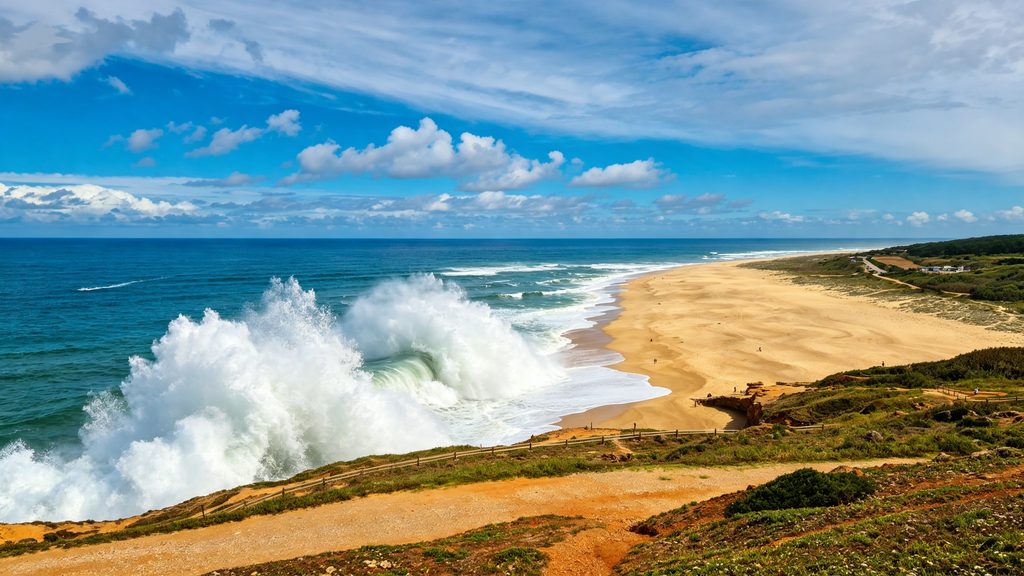 Nazaré coast with cliffs, town edge and ocean horizon