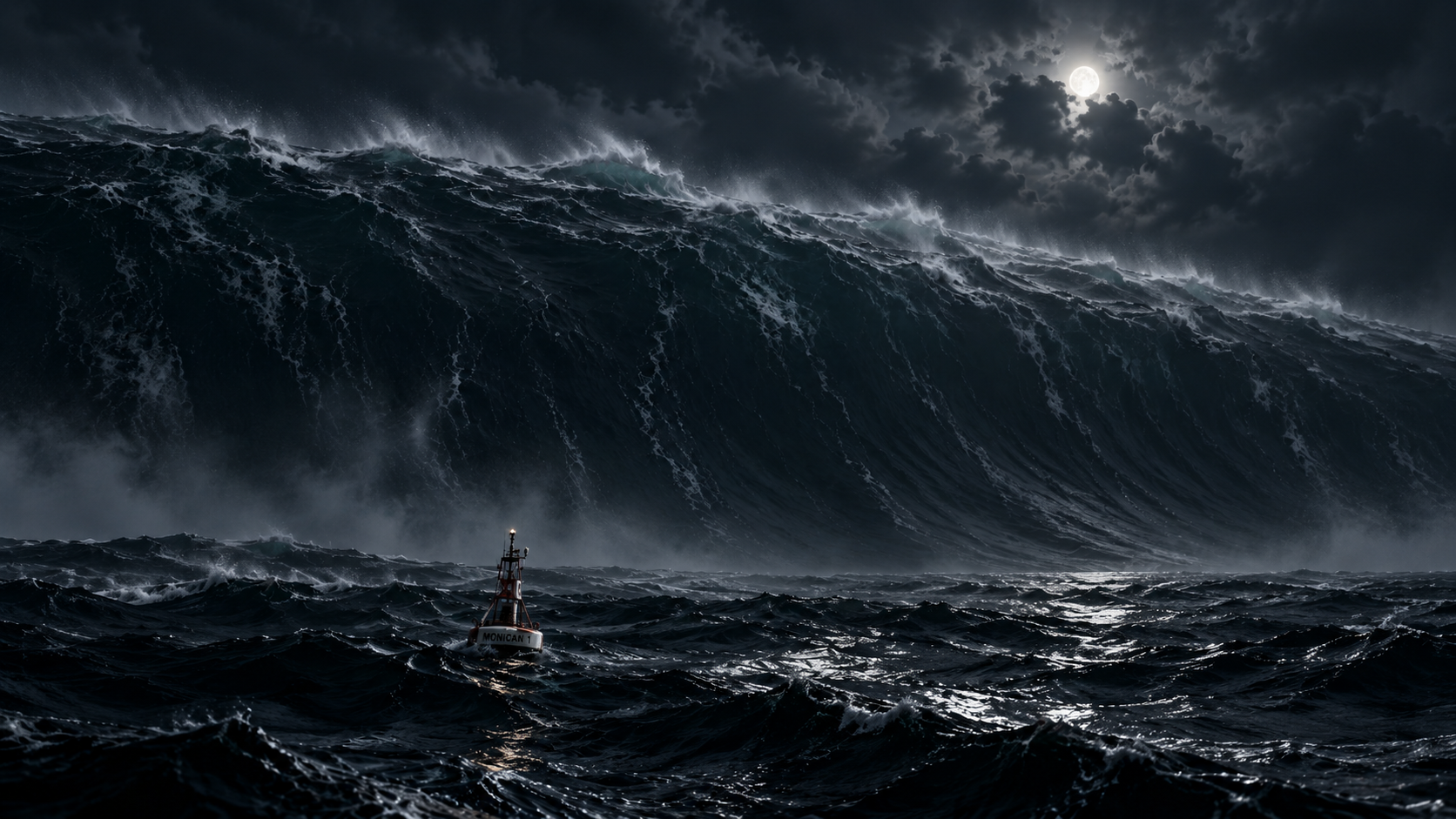 Illustration of a moonlit Atlantic wave with a small buoy in the foreground