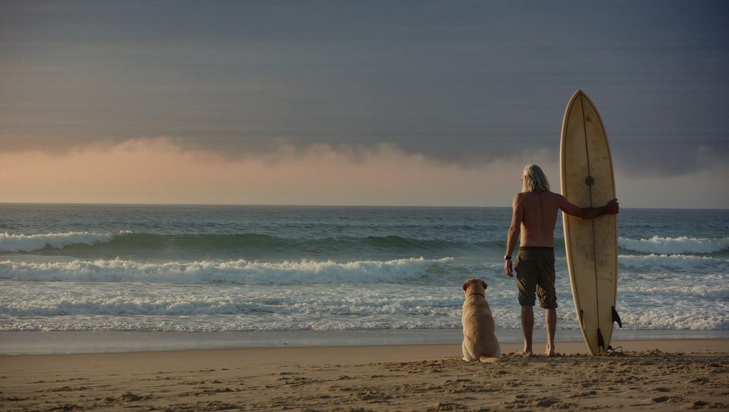 Surfer standing on a beach with Silver Coast landscape in the background