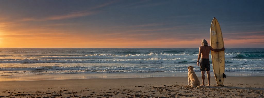 Surfer, Labrador and surfboard on the Silver Coast of Portugal