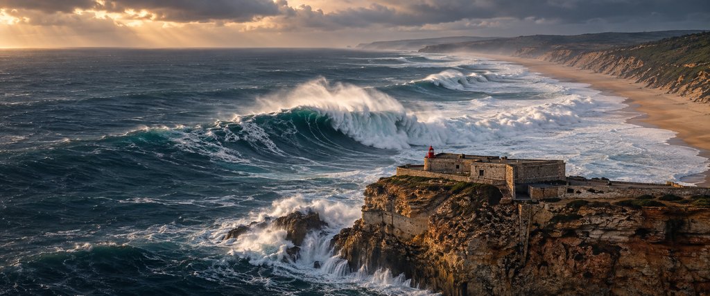 Large white-water waves breaking along a sandy beach beneath cliffs near Nazaré