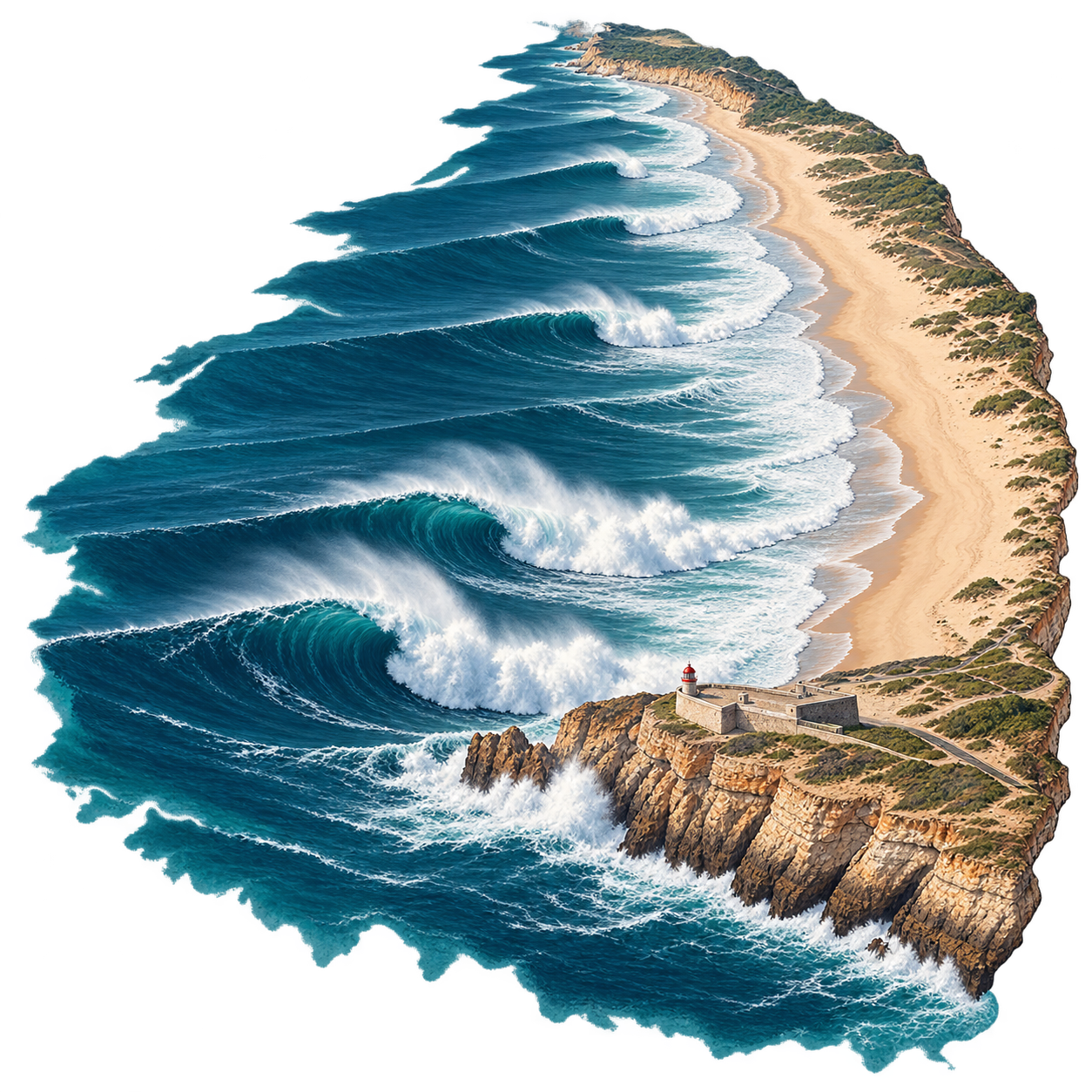 Beach schematic: the fort sector to the south and the beach extending north, with contrasting wave sizes.