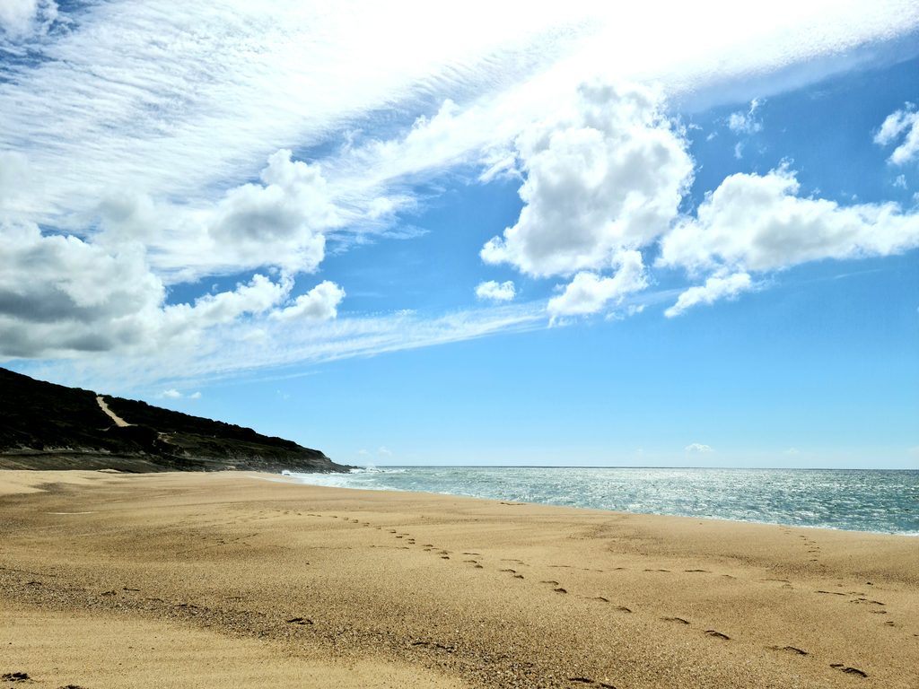 A long, wild sandy beach beneath cliffs, with waves rolling in over a wide, empty shoreline
