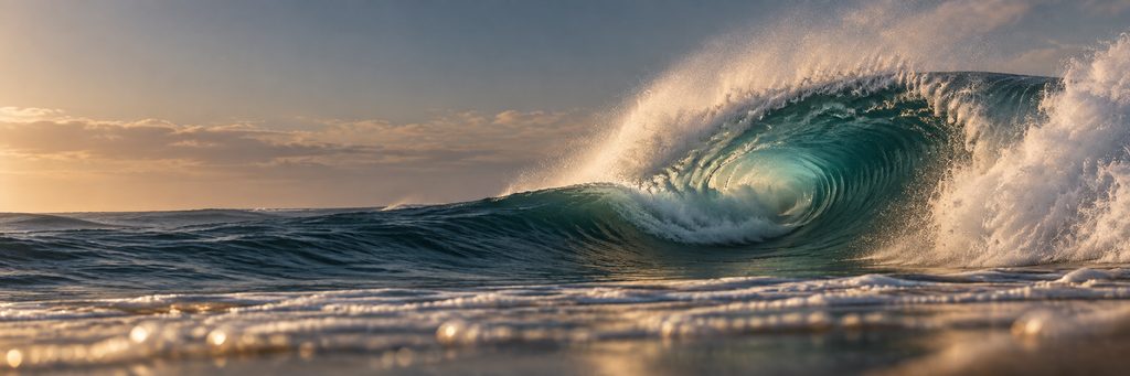 AI-generated illustration of a hollow Atlantic beach-break wave — conceptual, not a documentary photograph of Supertubos