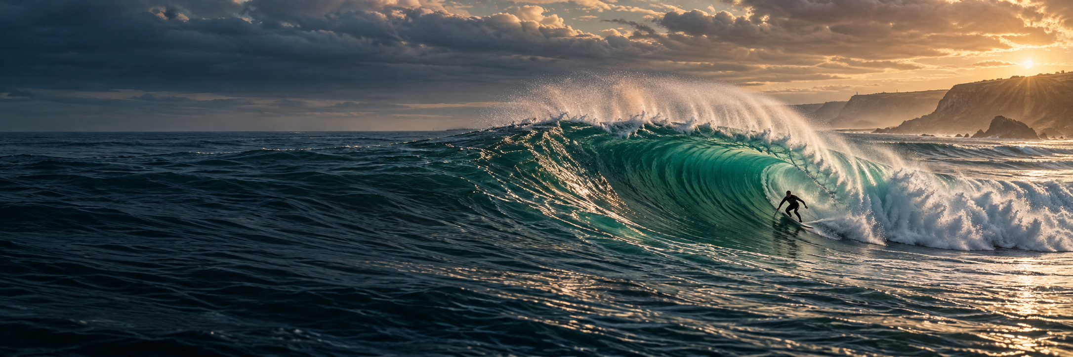 Atlantic surf illustration: an emerald barrel and a surfer in copper evening light