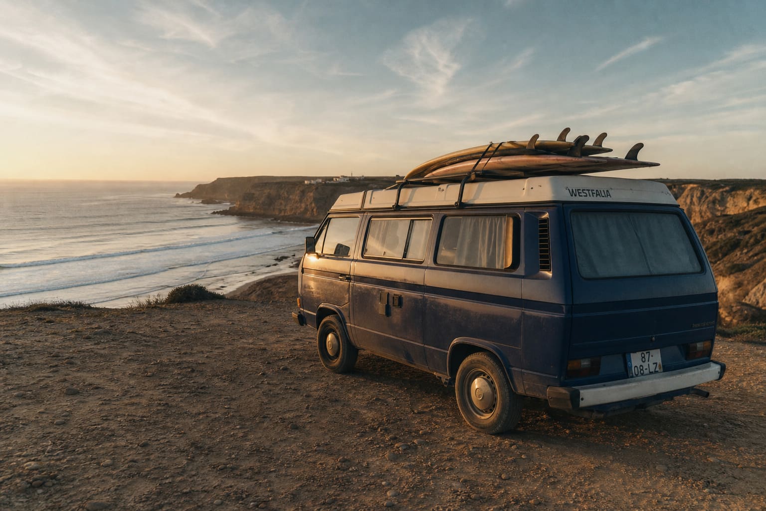 A camper van with surfboards parked above the Atlantic coast